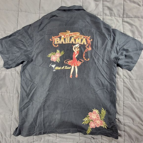 Tommy Bahama Mens XL Hawaiian Shirt Black With A Twist Martini Lounge 100% Silk